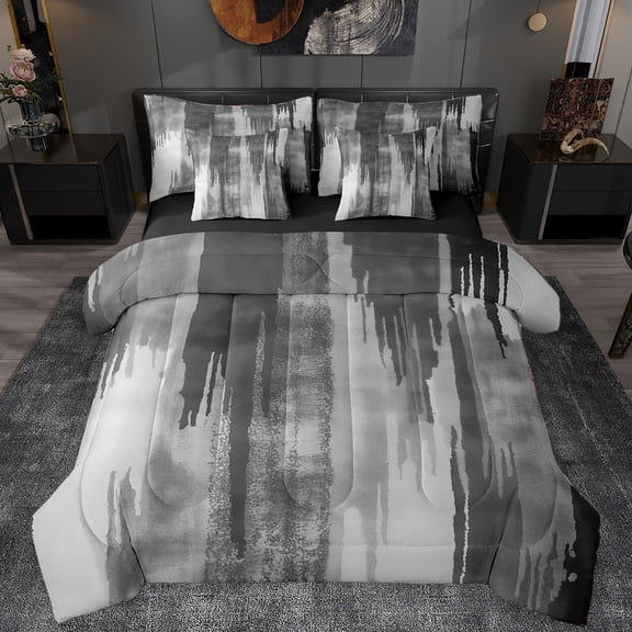 Manfei Splashing Ink 7-Piece Bedding Comforter Set,Painting Aesthetic King Bedding Sets,Gray Black Bed Sheets For Kids,Super Cozy Room Decor Reversible