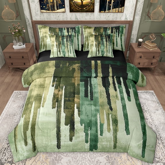 Manfei Splashing Ink 7 Pieces Bedding Comforter Set,Painting Aesthetic Full Bedding Set,Green Stripes Fitted Sheet Flat Sheet For Kids,Super Cozy Room Decor Reversible