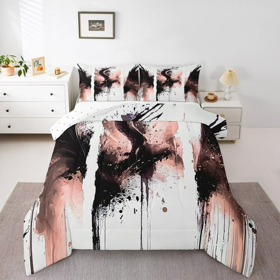 Manfei Splatter Watercolor 3 Pieces Queen Comforter Set,Black Pink Bedding Sets,Abstract Artwork Bedding Comforter Set,Super Cozy Teenager Bedroom Decor,Reversible
