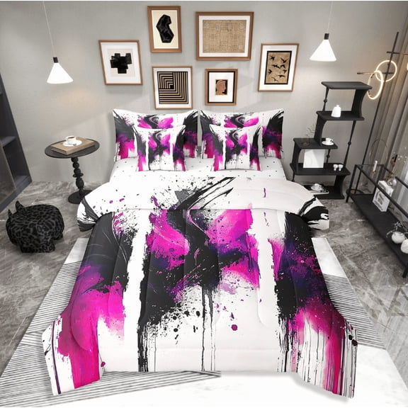 Manfei Splatter Watercolor 7-Piece Twin Bedding Sets,Black Pink Bedding Comforter Set,Abstract Artwork Breathable Sheet Sets,Super Cozy Teenager Bedroom Decor,Reversible