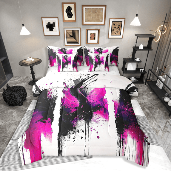 Manfei Splatter Watercolor 7 Pieces Bedding Comforter Set,Black Pink Full Bedding Set Lightweight,Abstract Artwork Fitted Sheet Flat Sheet,Super Cozy Teenager Bedroom Decor,Reversible