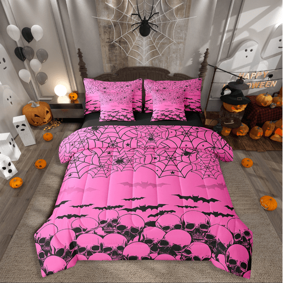 Manfei Spooky Animal Bed in a Bag Full size,Bat Spider Skull Bed Set,Black Pink Bedding Full Size,Lightweight Halloween Bedroom Decoration,Reversible,7 Pieces