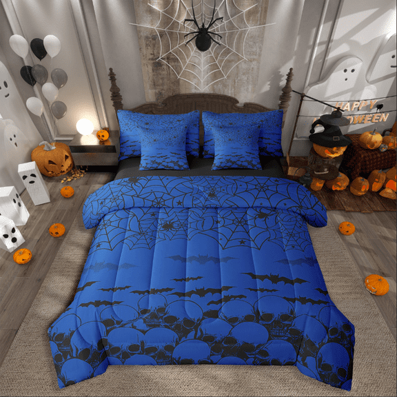 Manfei Spooky Animal Bedding Sets Twin Size,Bat Spider Skull Comforter Sets with Sheets,Black Blue Bed in a Bag Twin size,Lightweight Halloween Bedroom Decoration,Reversible,7-Piece
