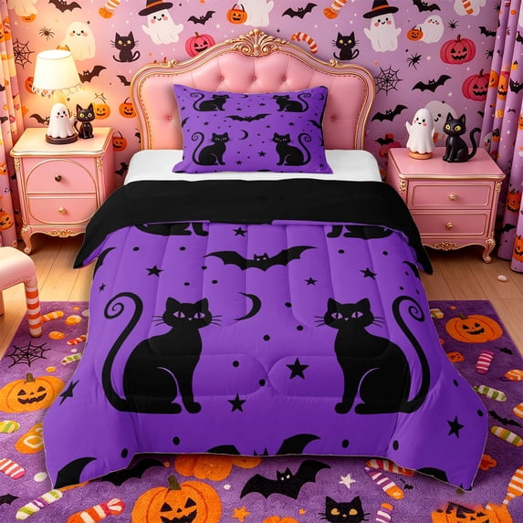 Manfei Spooky Animal Black Cat Twin Comforter Sets 2pcs, Halloween Flying Bat Bedding Set, Purple Black Yellow,Black Reversible,1 Comforter and 1 Pillowcase