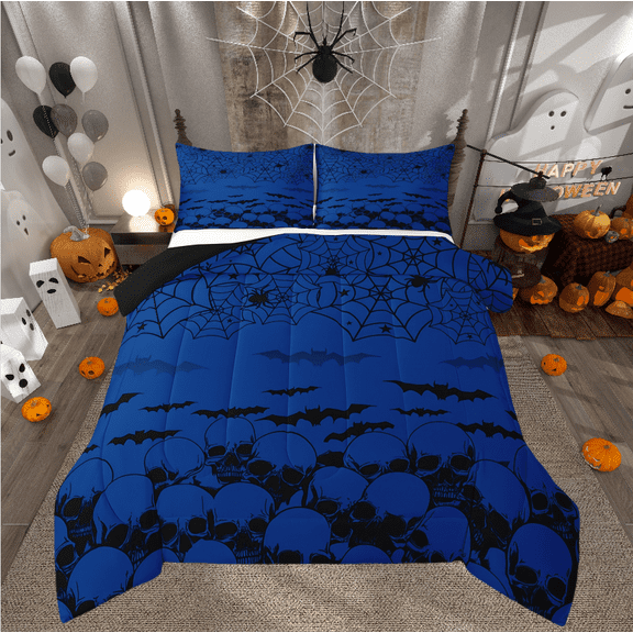 Manfei Spooky Animal Comforter Sets Toddler Size,Bat Spider Skull Comforters & Duvets,Black Blue Bedding Toddler Comforter Set,Lightweight Halloween Bedroom Decoration,Reversible,2pcs