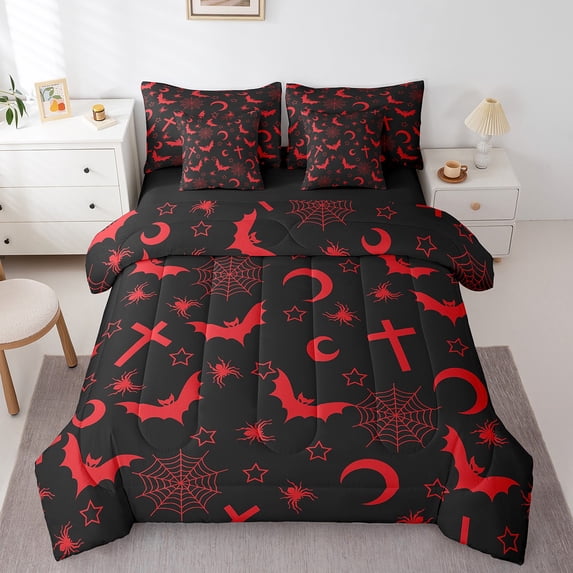 Manfei Spooky Bat Print Bedding Comforter Set 7 Pieces, Mystic Stsra Moon Gaalaxy Full Bedding Set, Black Red Halloween Reversible Fitted Sheet Flat Sheet, Breathable Home Decor