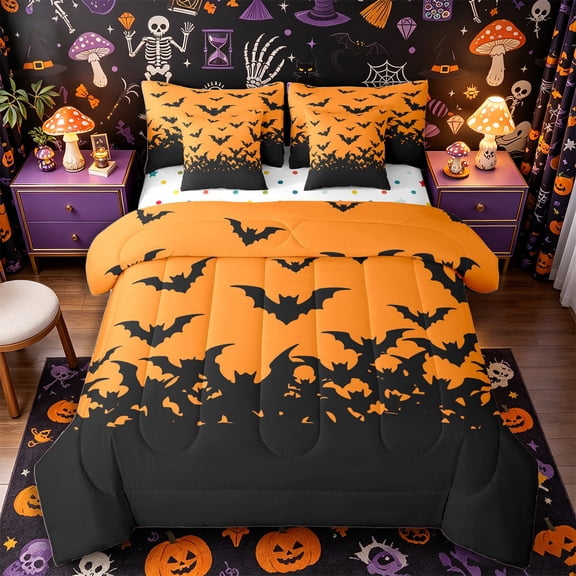 Manfei Spooky Bat Queen Bedding 7pcs, Happy Halloween Bedding Comforter Set Queen, Orange Black,Reversible