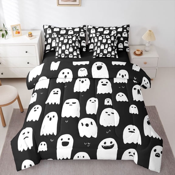 Manfei Spooky Bats 7-Piece Twin Bedding,Halloween Theme Print Bedding Comforter Set,White,Black Reversible