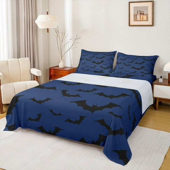 Manfei Spooky Bats Bed Sheets Twin,Halloween Theme Bedding Twin Size,Black Blue Sheet Set Twin,Super Cozy Bedroom Decoration,3 Pieces