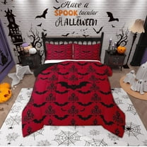 Manfei Spooky Bats Bedding Comforter Set,Happy Halloween Twin Comforter Sets,Baroque Flower Floral Bedding Set For Boys Kids,Red Black Bedroom Decor Reversible,2 Pieces