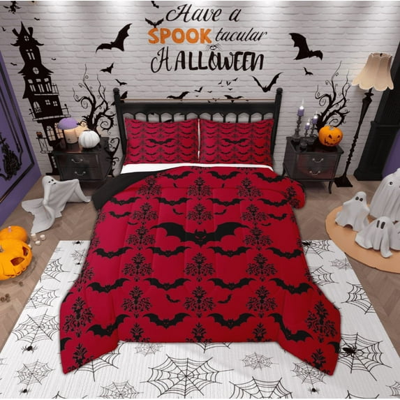 Manfei Spooky Bats Bedding Comforter Set,Happy Halloween Twin Comforter Sets,Baroque Flower Floral Bedding Set For Boys Kids,Red Black Bedroom Decor Reversible,2 Pieces