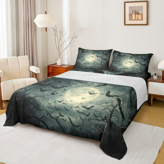 Manfei Spooky Bats Full Size Sheets,Happy Halloween Day Bed Sheets,Yellow Moon Pattern Sheet Sets For Boys Kids,Luxury Bedroom Decor,4 Pieces