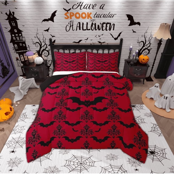 Manfei Spooky Bats Queen Comforter Set,Happy Halloween Bedding Sets,Baroque Flower Floral Bedding Comforter Set For Boys Kids,Red Black Bedroom Decor Reversible,3-Piece