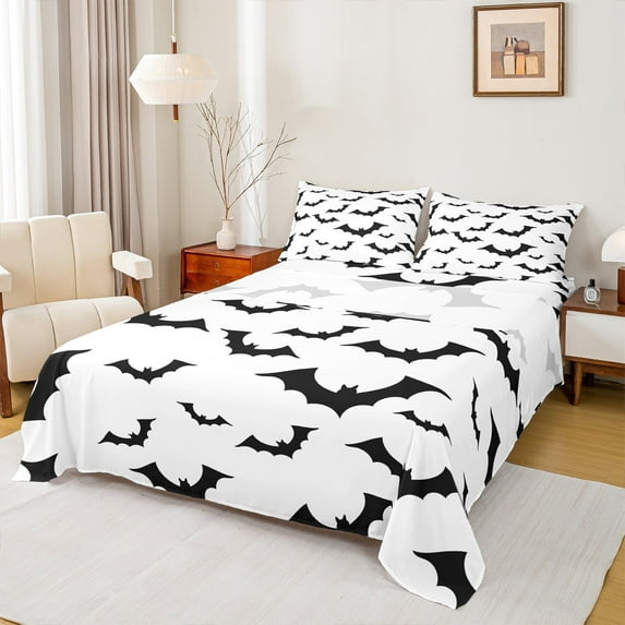 Manfei Spooky Bats Queen Sheet Sets,Halloween Theme Bedding Queen Size,Black White Bed Sheets Set Queen Size,Super Cozy Bedroom Decoration,4-Piece