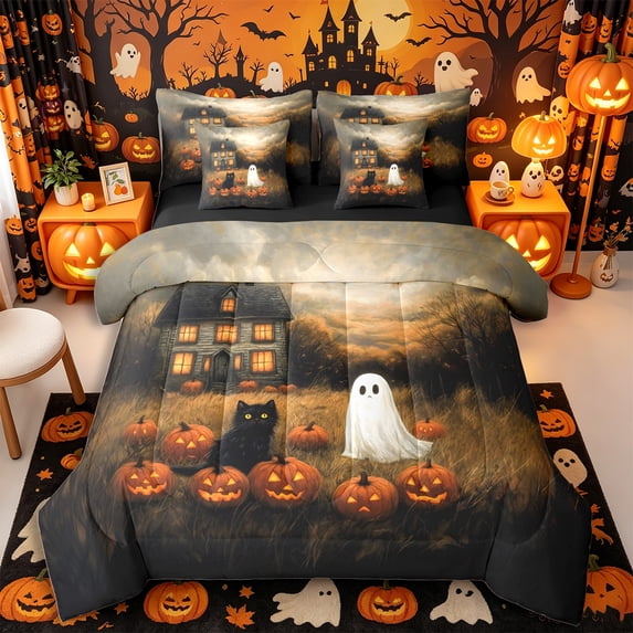 Manfei Spooky Black Cat Ghost 7-Piece Twin Bedding, Halloween Autumn Pumpkin Bedding Comforter Set, Orange Brown Black,Black Reversible
