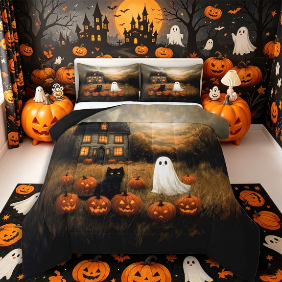Manfei Spooky Black Cat Ghost King Size Comforter Sets 3pcs, Halloween Autumn Pumpkin Comforters King Size, Orange Brown Black,Black Reversible,1 Comforter and 2 Pillowcases