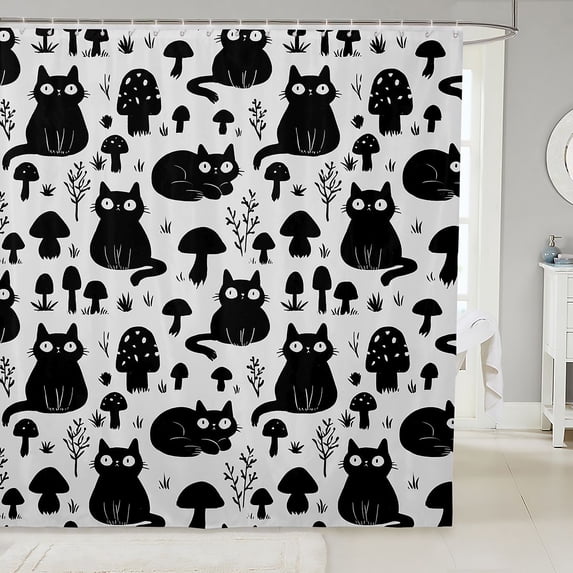 Manfei Spooky Black Cat Shower Curtain 72Wx84L, Wildflower Mushroom Bathroom Shower Curtain, Black Gray