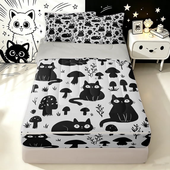 Manfei Spooky Black Cat Zipper Queen Comforter Set with Fitted Sheet and 2 Pillowcases, Wildflower Mushroom Zipper Bedding Set, Black Gray, Gray Reversible, 4-Piece