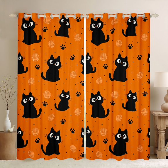 Manfei Spooky Cat Blackout Curtains, Halloween Kitten Paw Window Curtains Pack of 2 (38x45 Each), Orange Black