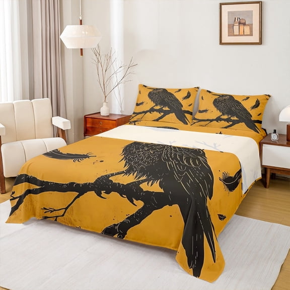 Manfei Spooky Crow Bed Sheets,Wild Raven King Sheets,Black Orange Sheet Set For Boys Kids Teens,Ultra Soft Home Decor,4-Piece