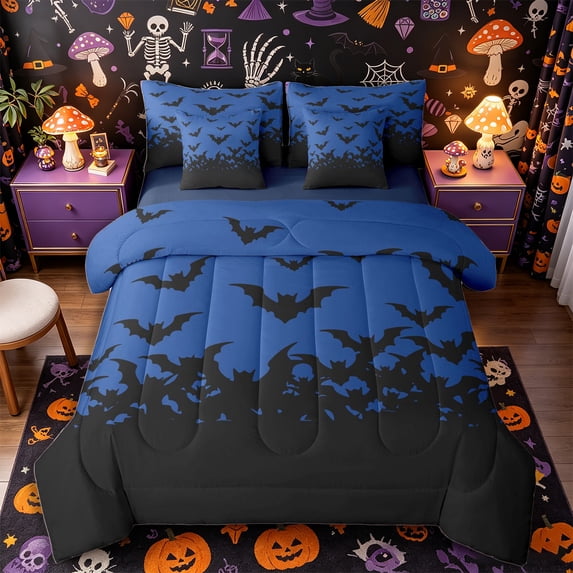 Manfei Spooky Flying Bat 7-Piece Twin Bedding, Halloween Theme Bedding Comforter Set, Blue Black,Navy Blue Reversible