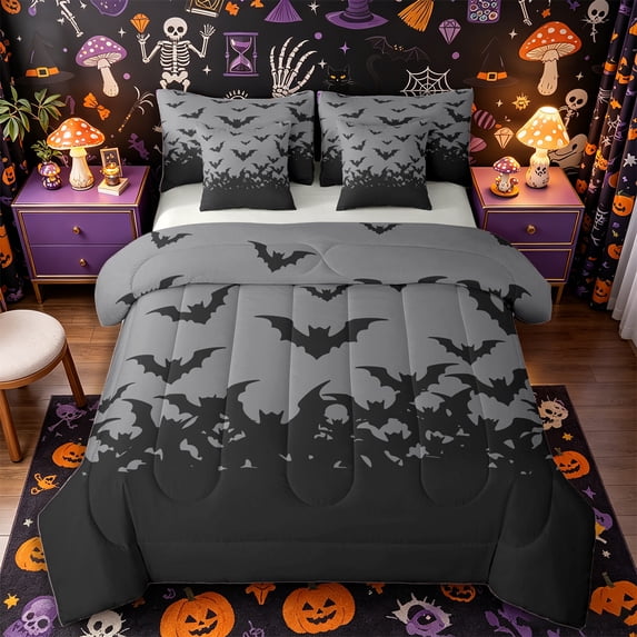 Manfei Spooky Flying Bat 7-Piece Twin Bedding, Halloween Theme Bedding Comforter Set, Gray Black,Grey Reversible