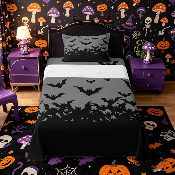 Manfei Spooky Flying Bat Twin Size Sheets 3pcs,Halloween Theme Bedding,Gray Black,1 Fitted Sheet,1 Flat Sheet and 1 Pillowcase