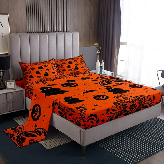 Manfei Spooky Ghost Bed Sheets King,Happy Halloween King Sheet Sets,Damask Pumpkin Bedding Sets King Size,Microfiber Festival Room Decorative,4pcs