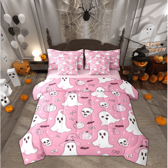 Manfei Spooky Ghost Bedding Sets King Size, Halloween Pumpkin Bed in a Bag King size, Horror Skull Reversible Comforter Sets with Sheets, Breathable Room Decoration, 7-Piece