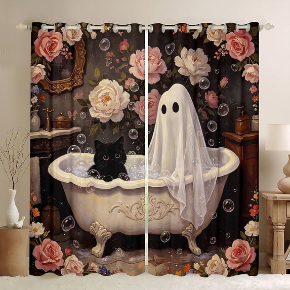 Manfei Spooky Ghost Cat Kitchen Curtains, Vintage Floral Black Out Curtains Pack of 2 (42x63 Each), Brown Pink