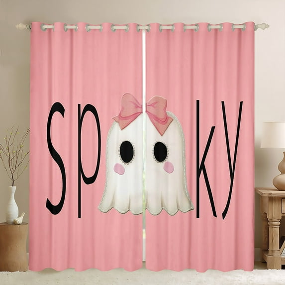 Manfei Spooky Ghost Child Curtains Pack of 2 (42x84 Each), Cute Princess Bowknot Curtains Blackout, Cartoon Pink Halloween Bedroom Curtains, Curtains and Drapes Bedroom Decor