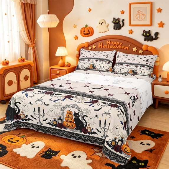 Manfei Spooky Ghost Pattern King Sheets,Halloween Theme Black Cat Bedding,4pcs,1 Flat Sheet,1 Fitted Sheet and 2 Pillowcases