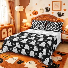 Manfei Spooky Ghost Queen Sheets,Vintage Halloween Queen Sheet Sets,4-Piece,1 Flat Sheet,1 Fitted Sheet and 2 Pillowcases