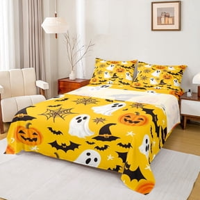 Manfei Spooky Ghost Sheet Set Full, Halloween Pumpkin Bed Sheets Set Full Size, Horror Bat Full Sheet Sets, Breathable Bedroom Decor, 4 Pieces