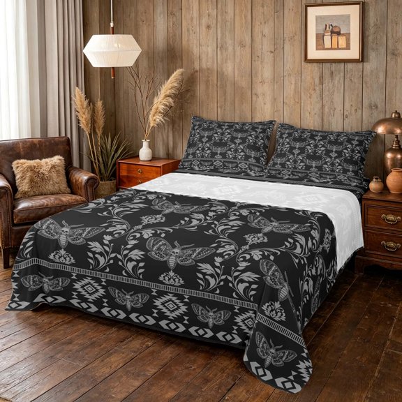 Manfei Spooky Gothic Death Moth Bed Sheets, Tribal Aztec Floral Fuul Size Sheets, Black Gray, Black Reversible 4 Pieces1 Flat Sheet + 1 Fitted Sheet + 2 Pillowcases
