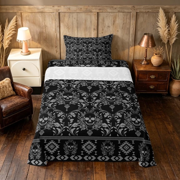 Manfei Spooky Gray Skull Twin Sheets, Tribal Floral Bedding, Black Gray, Black Reversible 3-Piece1 Flat Sheet + 1 Fitted Sheet + 1 Pillowcase