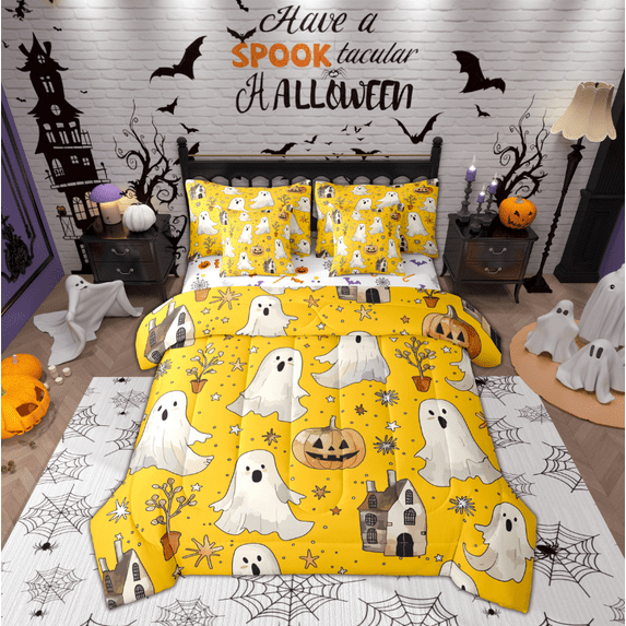 Manfei Spooky Halloween 7pcs Bedding Comforter Set,Lovely Ghost Queen Bedding Sets,Halloween Pumpkin Lantern Queen Sheet Sets For Girl Boy,Microfiber Bedroom Decor Reversible