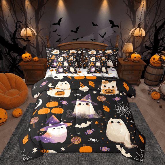 Manfei Spooky Halloween Bedding King Size, Magical Ghost Bedding Sets King Size, Cartoon Theme Reversible Comforter Sets with Sheets, Super Cozy Room Decoration, 7pcs