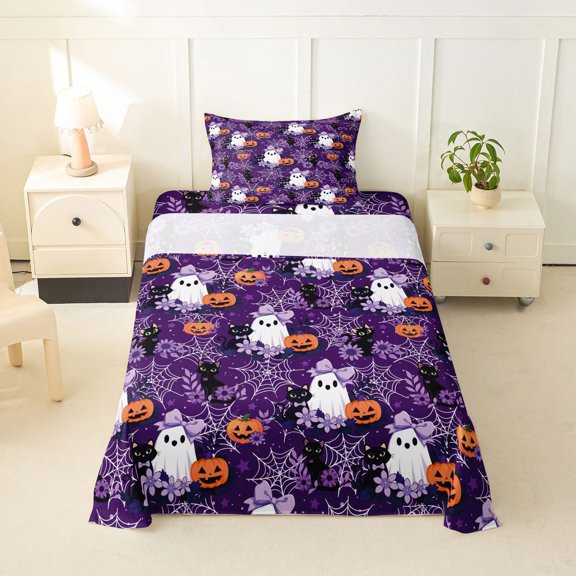 Manfei Spooky Halloween Bow Skull Twin Sheets for Kids, Purple Cat Pumpkin Bedding, 3pcs, 1 Flat Sheet, 1 Fitted Sheet and 1 Pillowcase