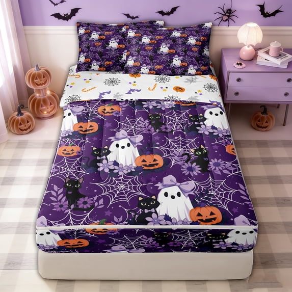 Manfei Spooky Halloween Bow Skull Zipper Twin Comforter Sets with Fitted Sheet and 2 Pillowcases for Kids, Purple Cat Pumpkin Zipper Bedding Set, Halloween Reversible, 4pcs