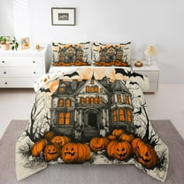 Manfei Spooky Halloween Castle Bedding Comforter Set,Funny Pumpkin Lantern Twin Comforter Sets,Black Bats Bedding Set For Teens,Luxury Bedroom Decor Reversible,2-Piece