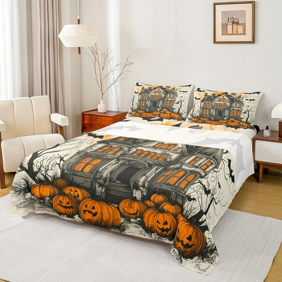 Manfei Spooky Halloween Castle Twin Sheet Sets,Funny Pumpkin Lantern Twin Fitted Sheet,Black Bats Flat Sheet For Teens,Luxury Bedroom Decor,3-Piece