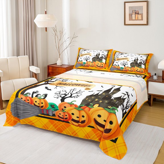Manfei Spooky Halloween Castle Twin Sheet Set,Pumpkin Lantern,Orange White Black,3-Piece Breathable