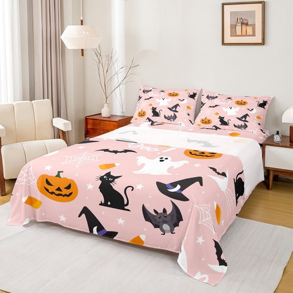 Manfei Spooky Halloween Ghost Queen Sheet Sets,Funny Pumpkin Lantern Flat Sheet,Lovesly Cat Bats Queen Fitted Sheet For Child,Breathable Home Decor,4pcs