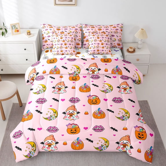 Manfei Spooky Halloween Ghosts 7-Piece Twin Bedding,Autumn Pumpkins Bedding Comforter Set,Black,Black Reversible