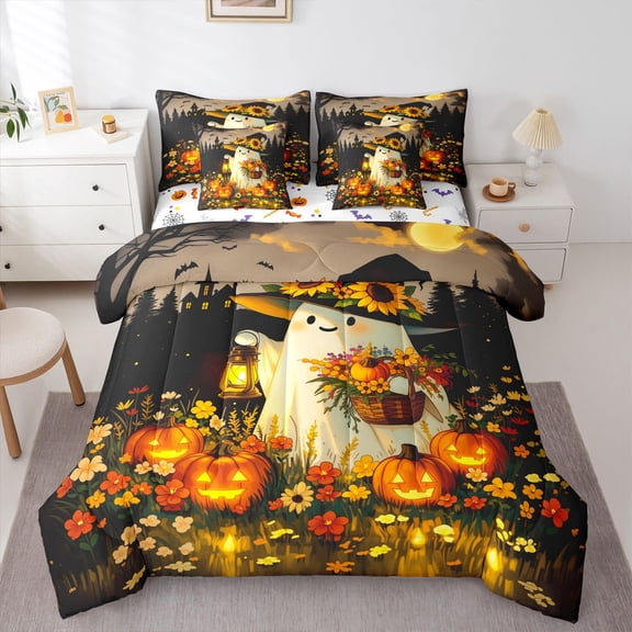 Manfei Spooky Halloween Ghosts 7-Piece Twin Bedding,Pumpkin Lantern Bedding Comforter Set,Black,Halloween Reversible