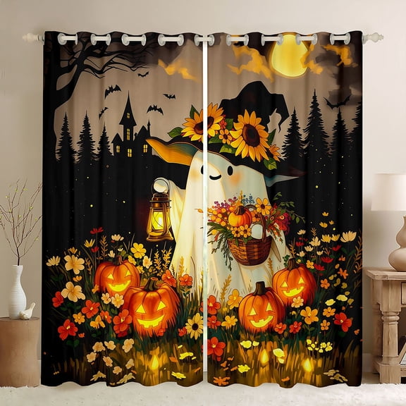 Manfei Spooky Halloween Ghosts Kitchen Curtains,Pumpkin Lantern Black Out Curtains Pack of 2 (42x63 Each),Black