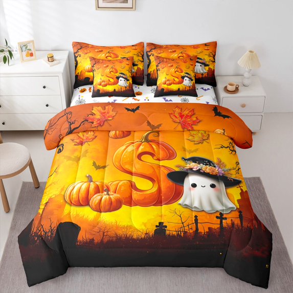 Manfei Spooky Halloween Pumpkin 7 Pieces Full Size Bedding Sets,Cute Letter S Full Size Bed in a Bag,Orange,Halloween Reversible