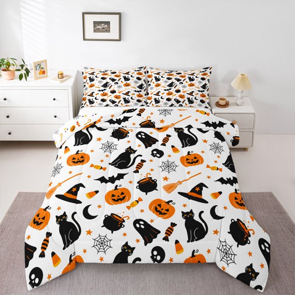 Manfei Spooky Halloween Pumpkin Queen Comforter Set,Black Cats Comforter Sets Queen,White,Halloween Reversible,3-Piece,1 Comforter and 2 Pillowcases