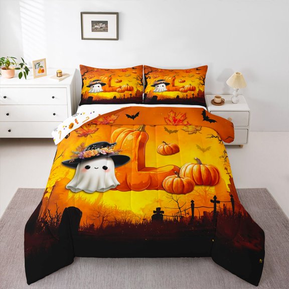 Manfei Spooky Halloween Pumpkin Queen Comforter Set,Cute Monogrammed L Comforter Sets Queen,Orange,Halloween Reversible,3-Piece,1 Comforter and 2 Pillowcases